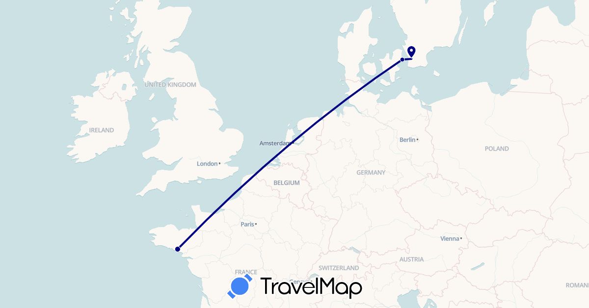 TravelMap itinerary: driving in Denmark, France, Sweden (Europe)